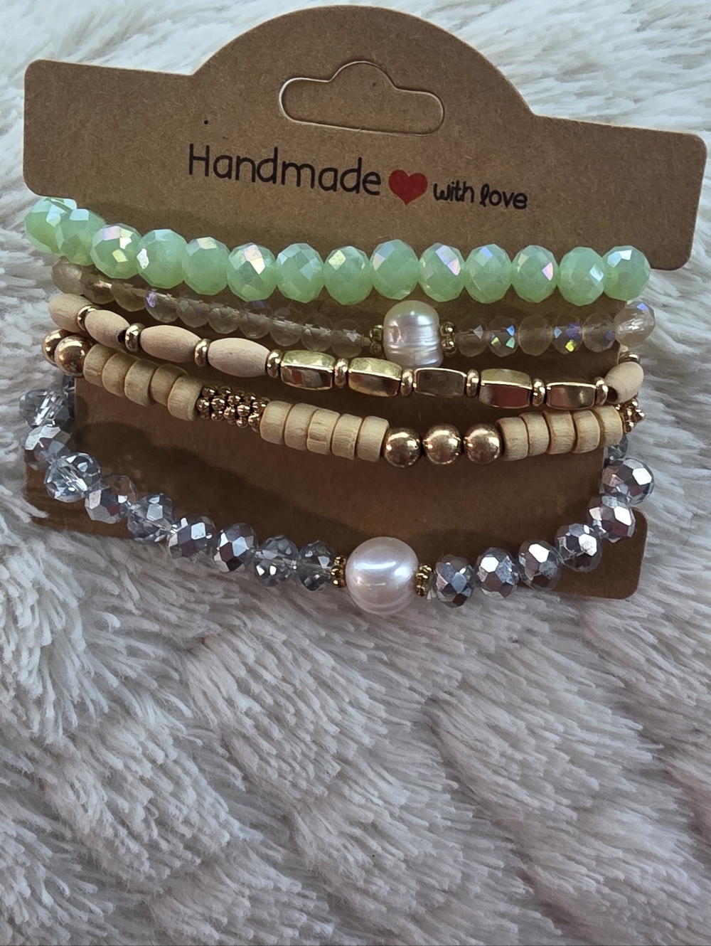 Bundle 5 Stretch Bracelets Aqua, Pearl, Silver